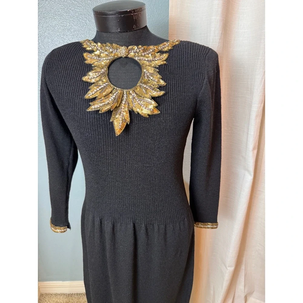 VTG‎ 80 DON SAYRES Black Knit Beaded Statement Neckline Long Sleeve Midi Dress 6